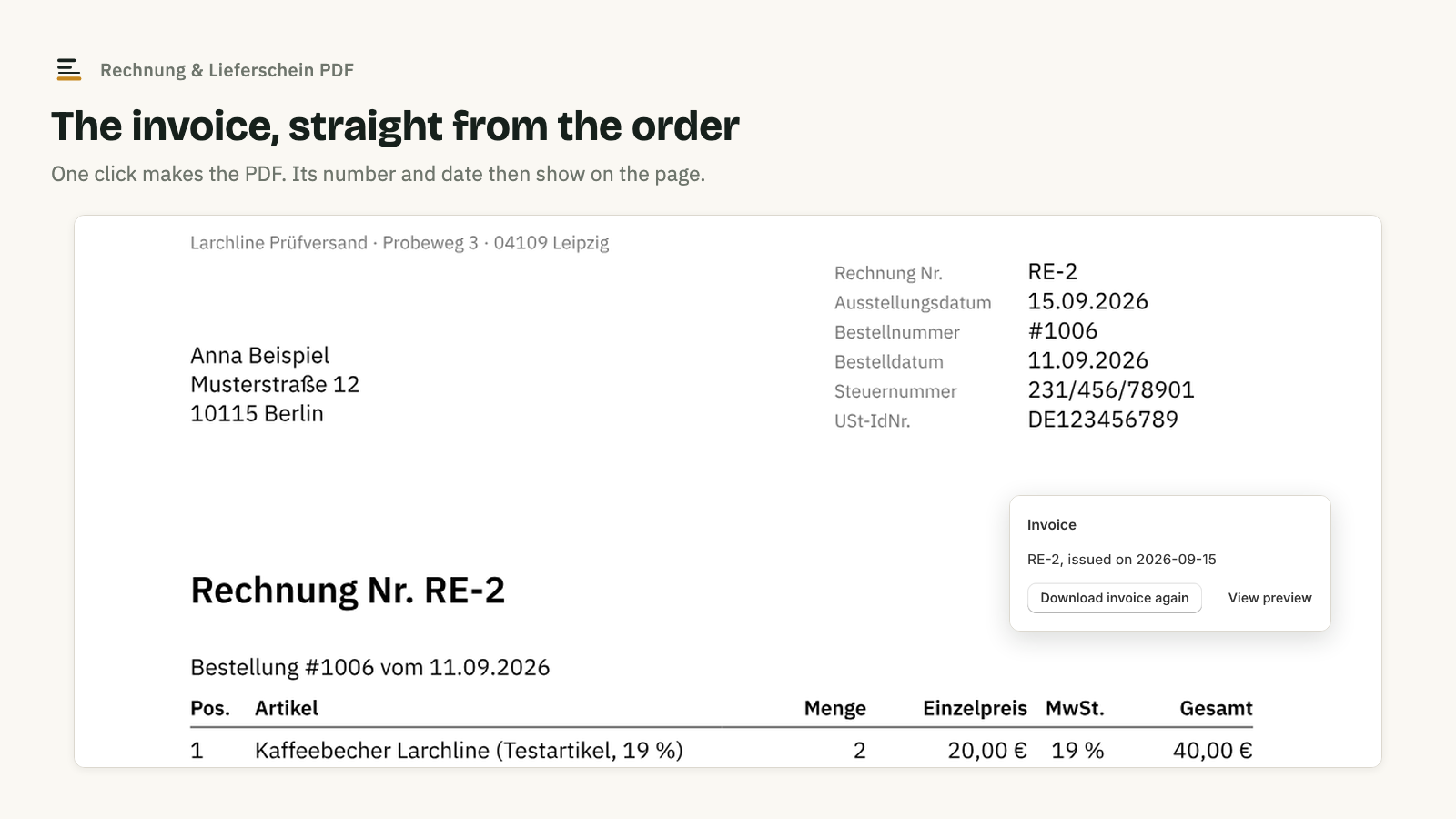 The invoice for an order, created with one click